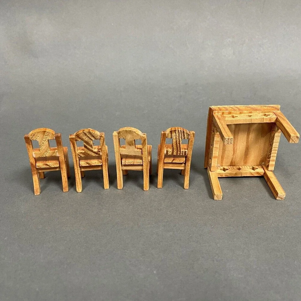 Wooden Dining Table with 4 Chairs Brown Doll House Toy Furniture Lot of‎ 5